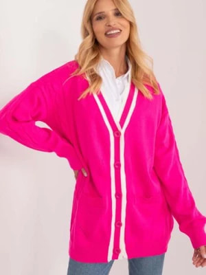 Zdjęcie produktu Fluo różowy długi sweter damski z zapięciem na guziki BADU