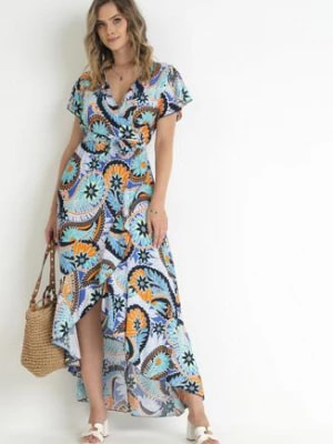 Zdjęcie produktu Niebiesko-Granatowa Bawełniana Sukienka Maxi z Kopertowym Dekoltem i Materiałowym Paskiem Nadalynn