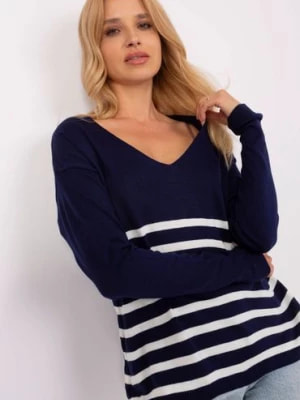 Zdjęcie produktu Granatowy damski sweter oversize z dekoltem V BADU