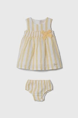 Zdjęcie produktu Guess sukienka niemowlęca z domieszką lnu kolor żółty mini rozkloszowana