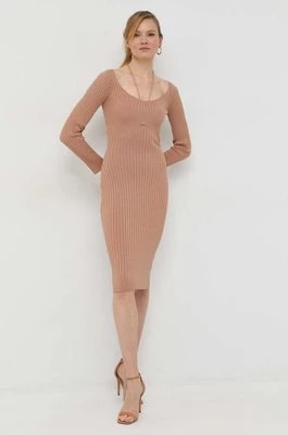 Zdjęcie produktu Guess sukienka z domieszką jedwabiu kolor beżowy mini dopasowana