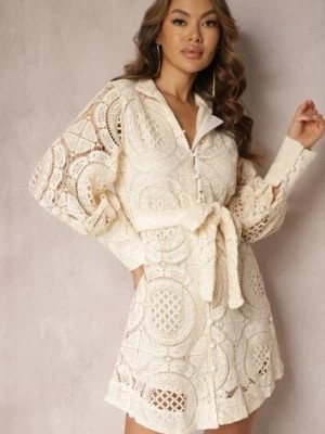 Zdjęcie produktu Jasnobeżowa Koszulowa Sukienka z Koronką Lenora