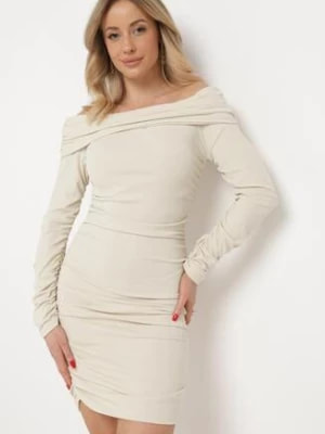 Zdjęcie produktu Jasnobeżowa Sukienka Midi Hiszpanka z Ozdobnym Drapowaniem Sarielni