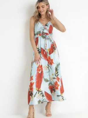 Zdjęcie produktu Jasnoniebieska Letnia Sukienka z Wiskozy z Gumką i Sznurkiem w Talii w Kwiaty Deire