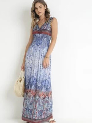 Zdjęcie produktu Jasnoniebieska Rozkloszowana Sukienka Maxi z Cienkimi Gumkami w Pasie i Kopertowym Dekoltem Clothilda