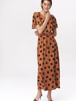 Zdjęcie produktu Karmelowa sukienka maxi z rozkloszowanymi rękawami - grochy Merg