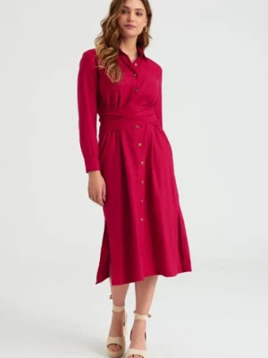 Zdjęcie produktu Lniana Rozkloszowana sukienka za kolano czerwona Greenpoint