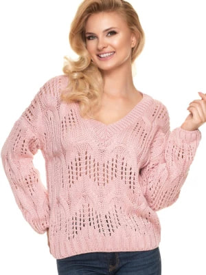 Zdjęcie produktu Luźny sweter z ażurowym splotem i dekoltem w serek różowy PeeKaBoo