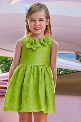 Zdjęcie produktu Mayoral sukienka z domieszką lnu dziecięca kolor zielony mini rozkloszowana