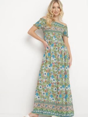 Zdjęcie produktu Zielono-Niebieska Sukienka Hiszpanka z Bawełny z Wzorem w Kwiaty w Stylu Boho Hesperea