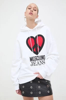 Zdjęcie produktu Moschino Jeans bluza bawełniana damska kolor biały z kapturem z nadrukiem