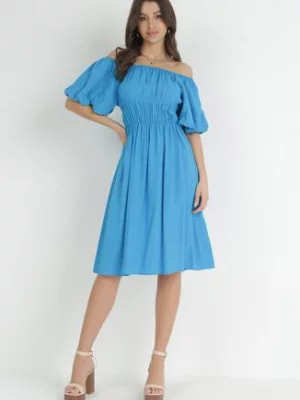 Zdjęcie produktu Niebieska Rozkloszowana Sukienka Hiszpanka z Gumką w Pasie z Wiskozowej Tkaniny Lussire