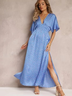 Zdjęcie produktu Niebieska Rozkloszowana Sukienka Maxi w Kropki z Głębokim Dekoltem Sallo