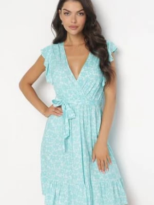 Zdjęcie produktu Niebieska Rozkloszowana Sukienka z Falbankami i Wiązanym Paskiem Jemoti