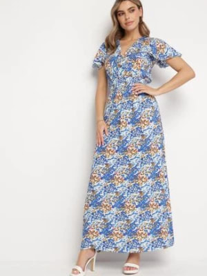 Zdjęcie produktu Niebieska Sukienka Maxi z Wiskozy z Gumką w Pasie Ozdobiona Wzorem Nieregularne Kropki Jewellis