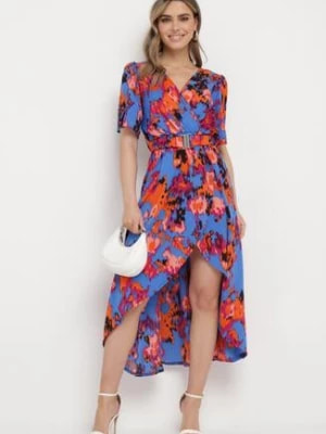 Zdjęcie produktu Niebiesko-Pomarańczowa Sukienka z Kopertowym Dekoltem i Asymetrycznym Dołem z Gumką w Talii Coralen