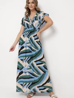 Zdjęcie produktu Niebiesko-Zielona Sukienka z Wiskozy z Gumką w Pasie i Kopertowym Dekoltem Kaliona