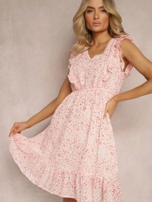 Zdjęcie produktu Różowa Rozkloszowana Sukienka z Gumką w Pasie i Falbankami Ulaia