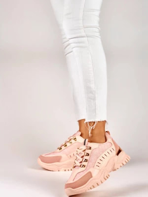 Zdjęcie produktu Różowe sneakersy damskie ze złotymi dodatkami Merg