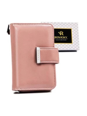 Zdjęcie produktu Różowy portfel damski z jednolitej skóry ekologicznej, zapinany zatrzaskiem - Rovicky
