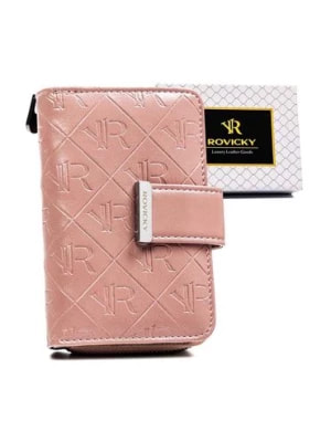 Zdjęcie produktu Różowy portfel damski z tłoczonym monogramem - Rovicky