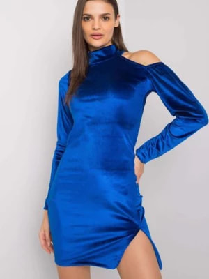 Zdjęcie produktu RUE PARIS Ciemnoniebieska sukienka welurowa z rozcięciem.