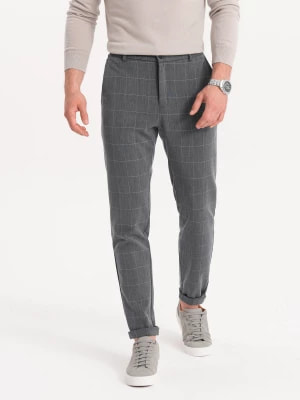 Zdjęcie produktu Spodnie męskie z gumką w pasie w delikatną kratę - szare V2 OM-PACP-0120
 -                                    L