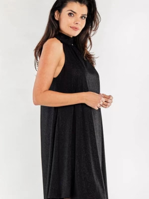 Zdjęcie produktu Sukienka błyszcząca brokatowa rozkloszowana z dekoltem halter czarna awama