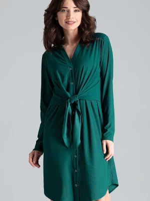 Zdjęcie produktu Sukienka koszulowa szmizjerka z wiązaniem w pasie butelkowa zieleń Lenitif