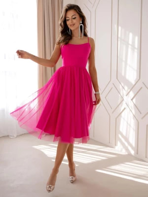 Zdjęcie produktu Sukienka różowa fuksjowa rozkloszowana z tiulowym dołem midi na wesele Niki PERFE