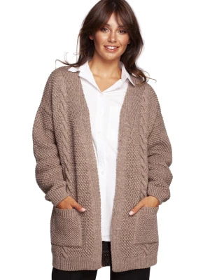 Zdjęcie produktu Sweter kardigan bez zapięcia z ozdobnym splotem i kieszeniami beż BE Knit