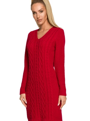 Zdjęcie produktu Sweter sukienka dzianinowa z dekoltem V splot w warkocz czerwona Polski Producent