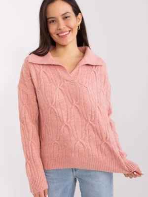 Zdjęcie produktu Sweter z warkoczami i kołnierzem ciemny różowy Wool Fashion Italia