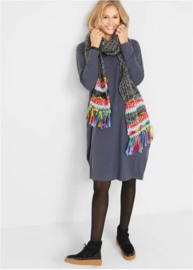 Zdjęcie produktu Sukienka bawełniana o linii litery A, z kieszeniami z tkaniny, długi rękaw, dł. do kolan bonprix