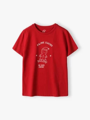 Zdjęcie produktu T-shirt chłopięcy z napisem "Fajne ciacho ma dużo energii" bordowy Family Concept by 5.10.15.