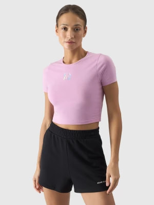Zdjęcie produktu T-shirt crop top z nadrukiem damski - pudrowy róż 4F
