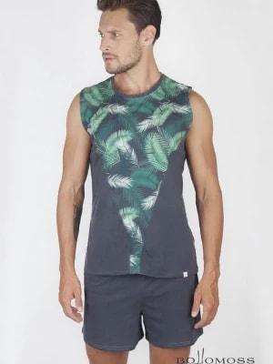 Zdjęcie produktu T shirt męski bez rękawów - popielaty z nadrukowanymi piórami Bohomoss - Luxurious Design