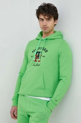 Zdjęcie produktu Tommy Hilfiger bluza bawełniana męska kolor zielony z kapturem z aplikacją