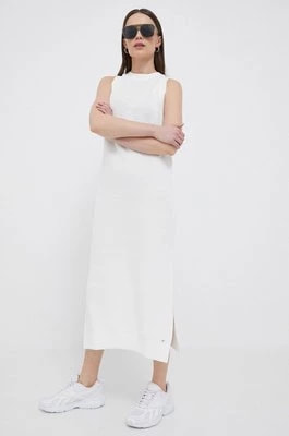 Zdjęcie produktu Tommy Hilfiger sukienka z domieszką lnu kolor beżowy midi prosta