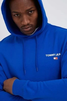 Zdjęcie produktu Tommy Jeans bluza bawełniana męska kolor niebieski z kapturem z nadrukiem