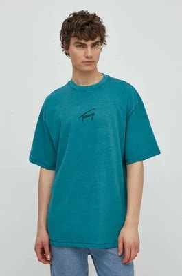 Zdjęcie produktu Tommy Jeans t-shirt bawełniany męski kolor turkusowy z aplikacją DM0DM18663