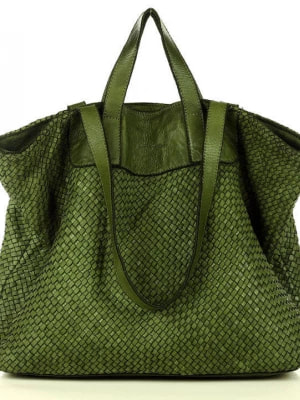 Zdjęcie produktu Torba damska pleciona shopper & shoulder leather bag - zielony militare Merg