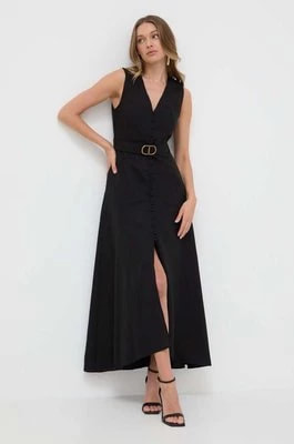 Zdjęcie produktu Twinset sukienka z domieszką lnu kolor czarny maxi rozkloszowana