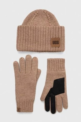 Zdjęcie produktu UGG czapka i rękawiczki z domieszką wełny kolor brązowy