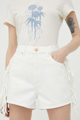 Zdjęcie produktu Wrangler szorty jeansowe Fringed Festival damskie kolor biały gładkie high waist