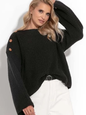 Zdjęcie produktu Wygodny luźny sweter z guzikami czarny Fobya