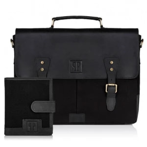 Zdjęcie produktu Zestaw skórzany, włoski Paolo Peruzzi: portfel męski + torba męska czarny Merg