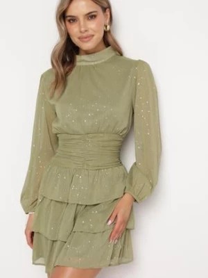 Zdjęcie produktu Zielona Elegancka Sukienka z Błyszczącymi Drobinkami i Falbankami Tinaria
