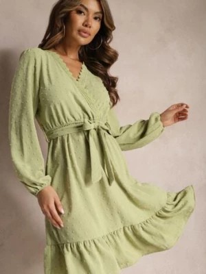 Zdjęcie produktu Zielona Mini Sukienka Rozkloszowana z Paskiem Materiałowym z Tkaniny Plumeti Digia