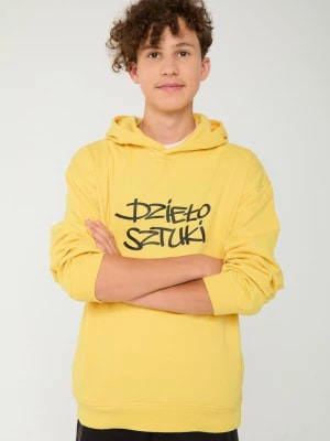 Zdjęcie produktu Żółta bluza dresowa z kapturem i napisem